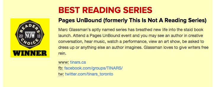 PagesFest's tweet photo. Thank you Toronto, you lovely city! We're honoured you voted us Best Reading Series in @nowtoronto's Best of 2015! https://t.co/XsKwFQreC6
