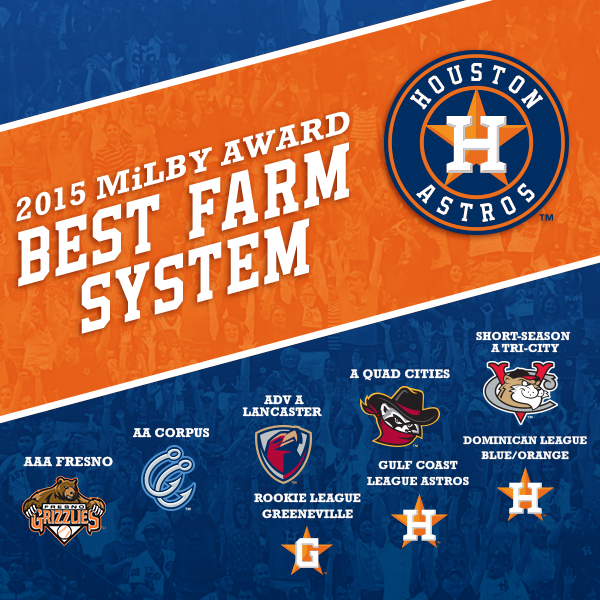 astros's tweet photo. Thank you @MiLB for naming the #Astros the 2015 MiLBY winner for Best Farm System! #Represent https://t.co/jp6a9cDkP9