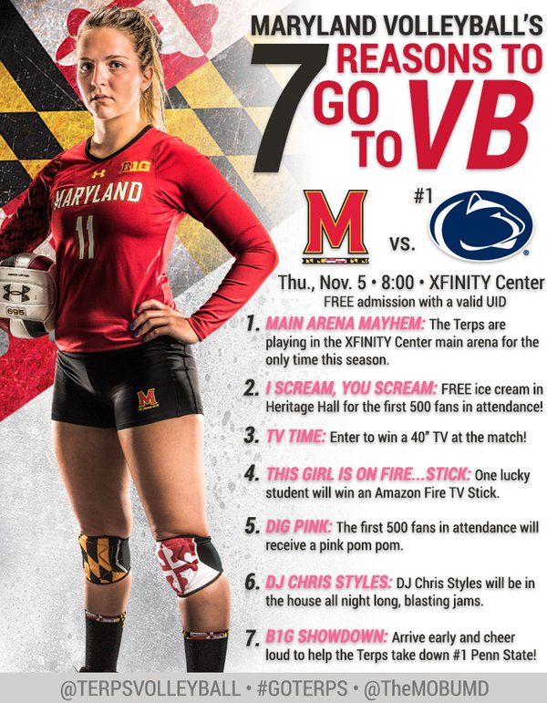 UMDSenior's tweet image. I know what your plans are for tonight! Help @TerpsVolleyball take down #1Penn State at the Xfinity Center!