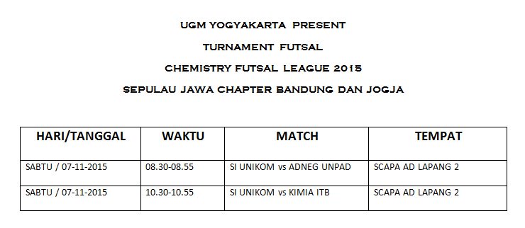 AYO DUKUNG KAMI DI TURNAMEN CHEMISTRY FUTSAL LEAGUE 2015 cc :<a href="/infounikom/">IG : infounikom</a> <a href="/HIMA_SI/">HIMA SI UNIKOM</a>