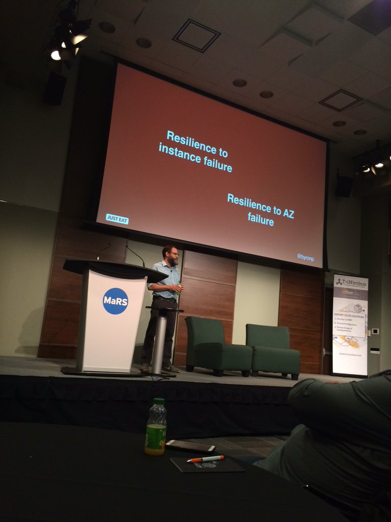 islocke's tweet image. @byronp presenting at #devopscloudsummit on moving to @awscloud re resilience, even if we lose an AZ