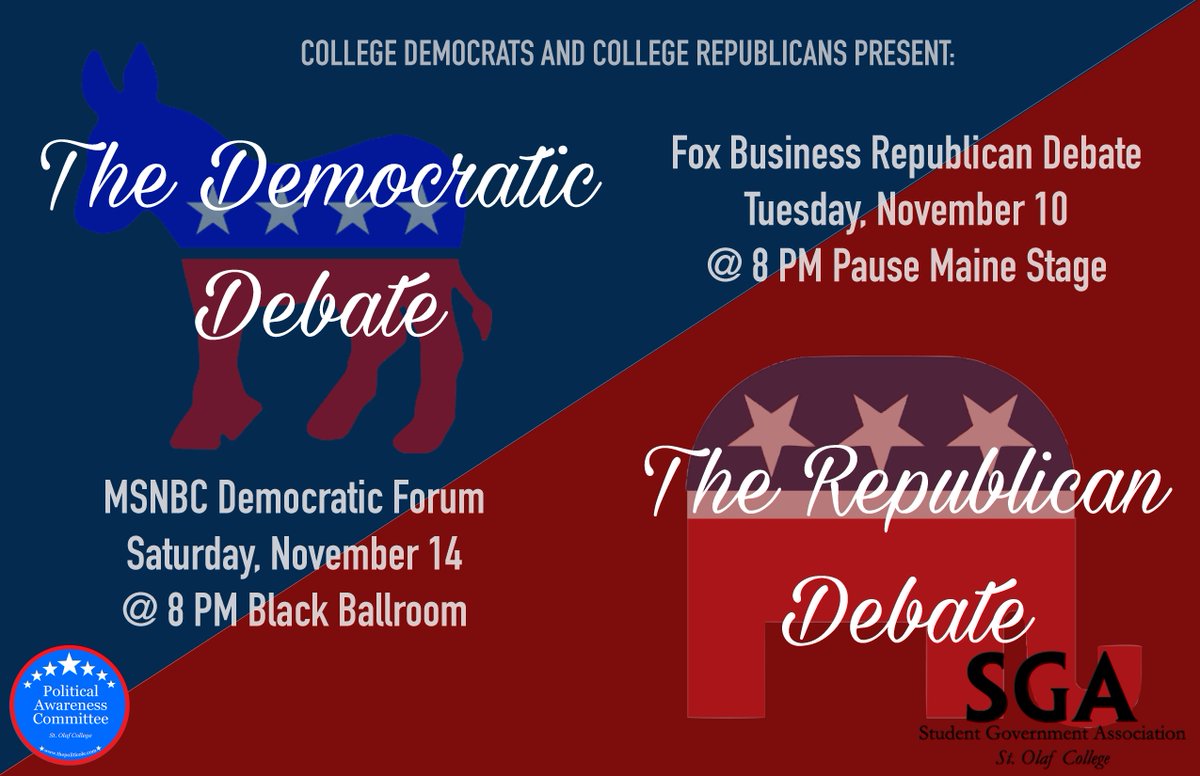 StOlafPolitics's tweet photo. Join PAC, College Democrats and College Republicans for a watch party of the Republican Debate on Tuesday, Nov. 10! https://t.co/0e9VApb39j