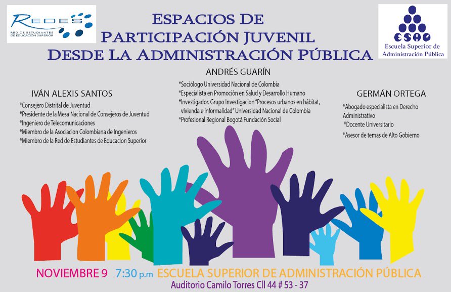 IvanAlexisSant's tweet photo. Invitación @ESAPOficial y @Somos_REDES al foro "Espacios de Participación Juvenil desde la Administración Pública". https://t.co/GsDVBi9vvQ