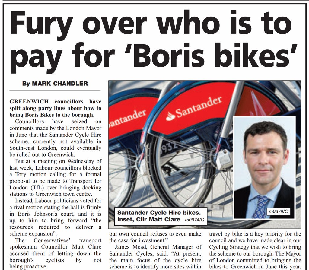 MattHartley100's tweet photo. Mercury reports our proposal to help bring Cycle Hire to #Greenwich. Blocked by Labour cllrs https://t.co/ppqTNOvJqG https://t.co/FVThtp6Ymz