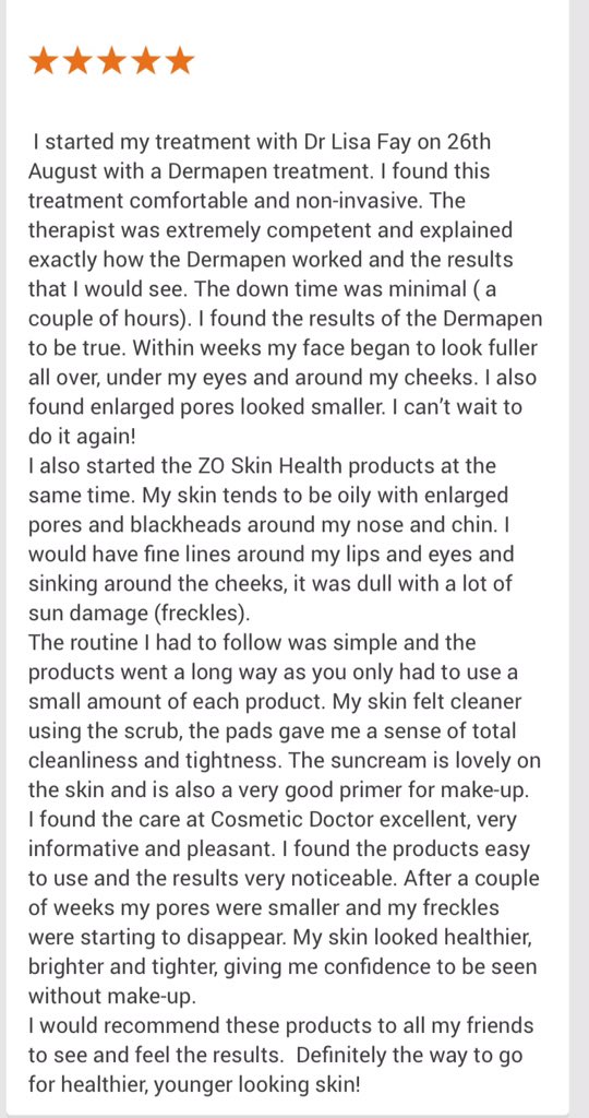 DRLISAFAY's tweet image. Great review from one of our clients. @zoskinhealth #dermapen. #skinhealth. @WigmoreMedical