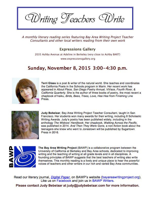 Calpoets's tweet photo. Need something to do this Sunday, November 8th? Come join Terri Glass and Judy Bebelaar! #cpits #poetry https://t.co/9OaHlVTaoe