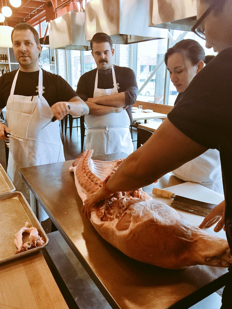troveseattle's tweet photo. Whole animal butchery at #Troveseattle Look at how happy Mark is. #alwaystasty #farmtotable https://t.co/1XxiEY69Sw