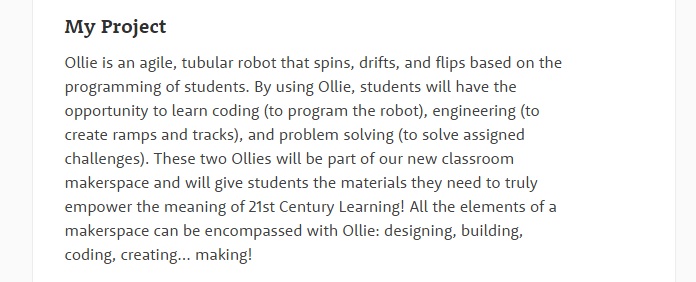 MsYorksClass's tweet photo. 28 days left to support "Coding with Ollie, the App-Enabled Robot!" https://t.co/RBBDYzRup9 Help! #makered @Sphero https://t.co/0ThqCCGWgd