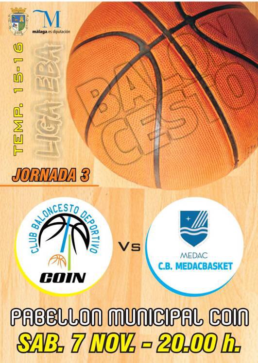 CBaloncestoCoin's tweet photo. Vuelve el basket!recibimos al lider @medacbasket Te esperamos el Sábado en el polideportivo. #unetealsueño #coineba https://t.co/tiO7HK6GRi