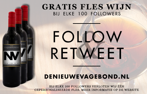 NieuweVagebond's tweet photo. FOLLOW &amp; RETWEET #ACTIE! Onder elke 100 "Follow &amp; Retweet" verloten wij een fles wijn! Keuze uit rood, wit, rosé! https://t.co/t3PbarzpMU