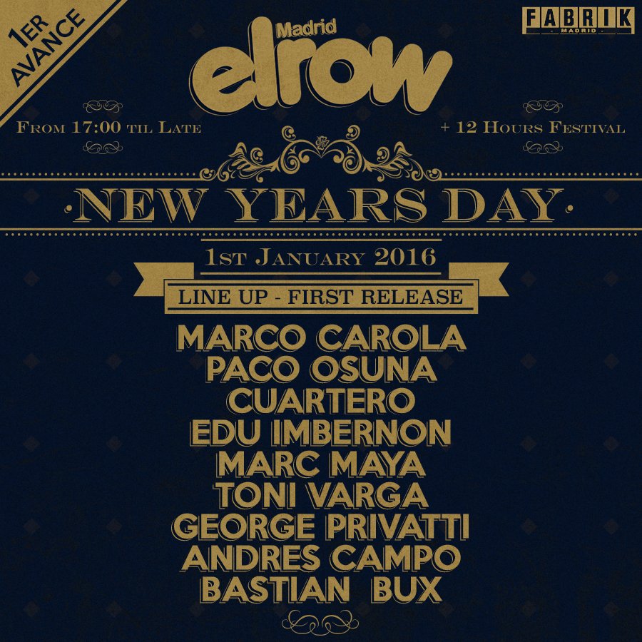 fabrikdiscoteca's tweet photo. Avance elRow Año Nuevo. Más de 12 horas, desde las 17:00. Con Marco Carola​, Paco Osuna​, Cuartero​ y más. RT !!! https://t.co/O6LDURlX3X