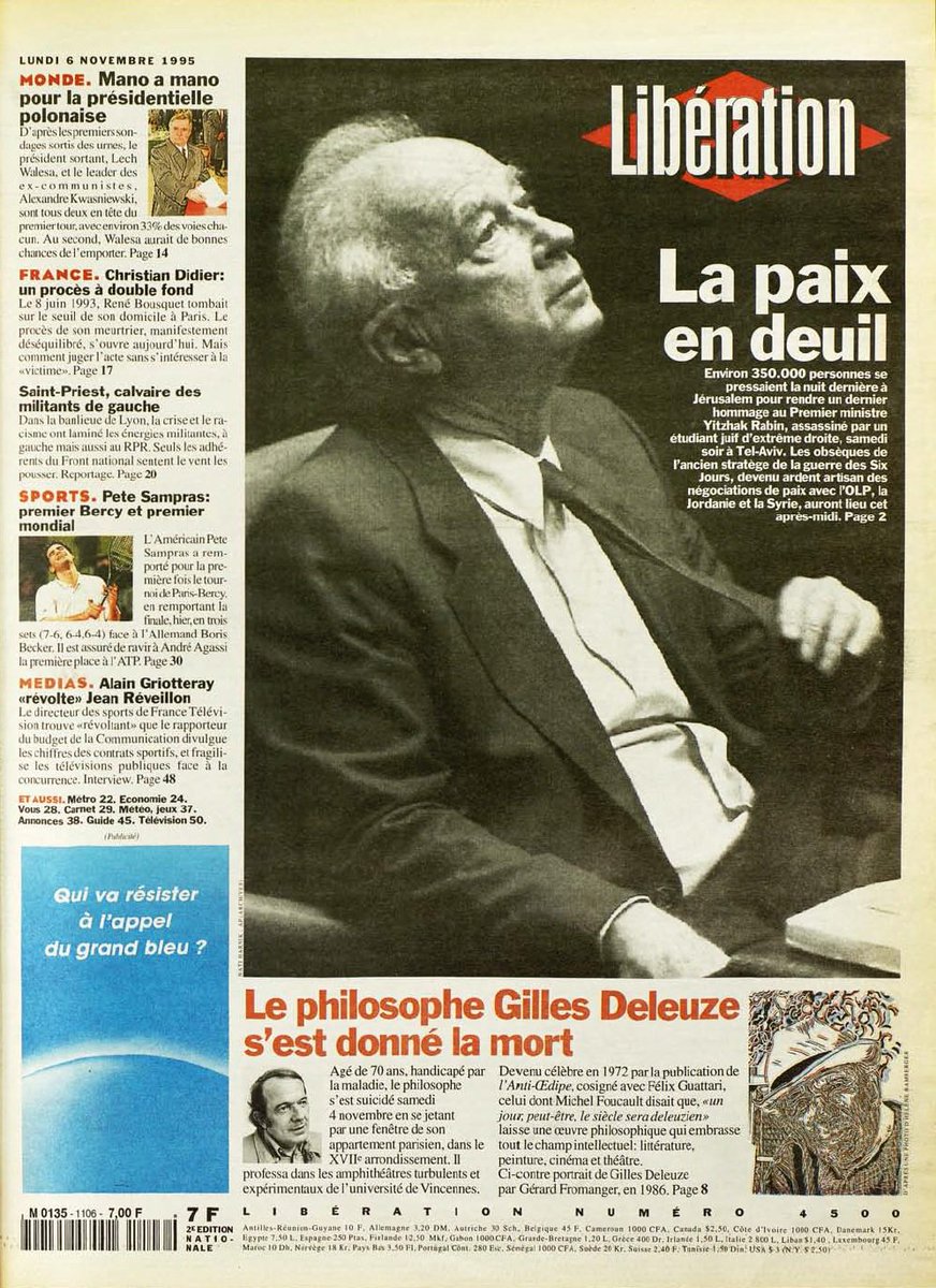 JeromeBalazard's tweet photo. Il y a 20 ans dans @libe: mort de Yitzhak Rabin et Gilles Deleuze.
https://t.co/6BUi5oGjCR

https://t.co/ScFf8betjc https://t.co/kFMxTnyYFZ