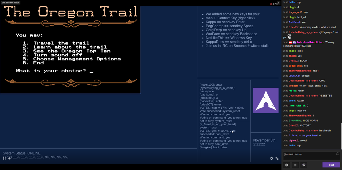 driesk007's tweet photo. We did it! The Oregon Trail on FreeDOS @twitchinstalls @twitchshell https://t.co/gQDDB75pSj