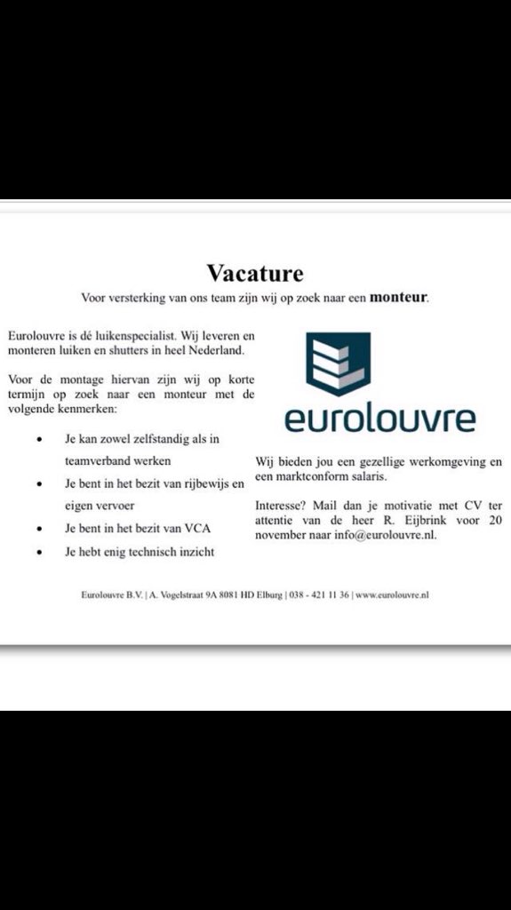 Eurolouvre1's tweet photo. Wie komt ons team versterken? #vacature #monteur #luiken https://t.co/EdAhFpBDqT