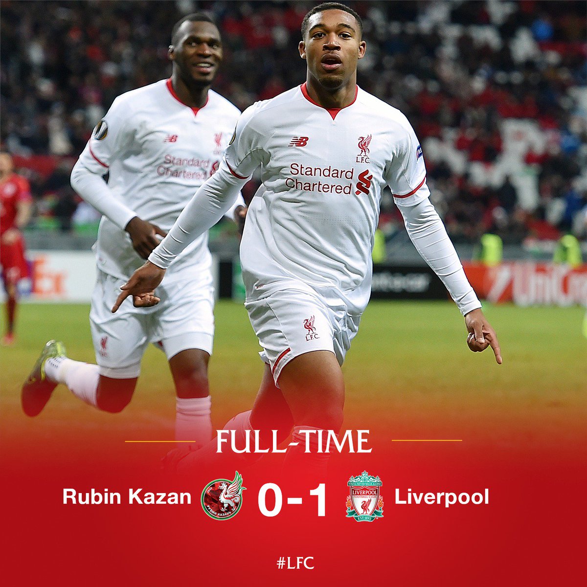 LFC's tweet photo. FULL-TIME: #LFC beat Rubin Kazan 1-0 thanks to an @IbeJordon goal to keep their @EuropaLeague campaign on track. https://t.co/UCYWwUOjRV