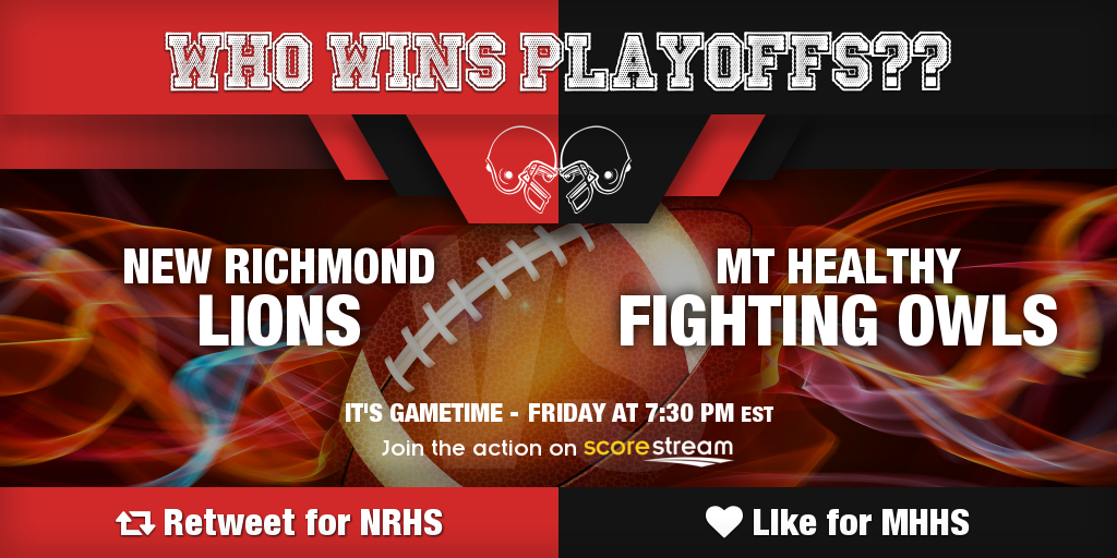 Who wins??
Retweet for New Richmond (<a href="/NewRichmondHS/">New Richmond HS</a>)
Like for Mt Healthy
Get the app 🏈 scorestream.com/app?rId=twg
