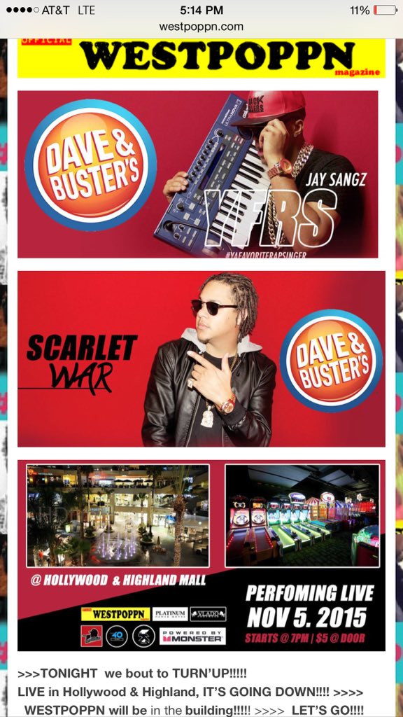 Westpoppn's tweet image. 👉 Tonight 🎬🎥 @TheTrackKillers @IamJaySangz @ScarletWar #Dave&amp;amp;Busters @Westpoppn #Hollywood