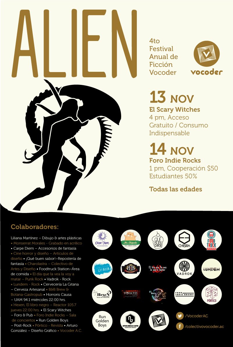 VocoderAC's tweet image. Nuestros colaboradores estarán soltando pases dobles para #Alien #FestivaldeFicciónVocoder, no los pierdan de vista!