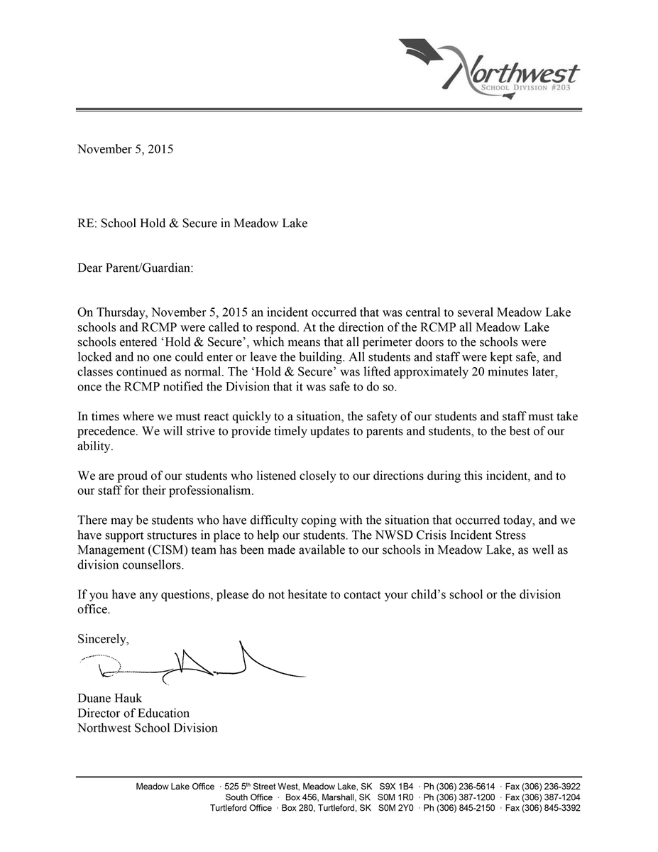 Northwest Sd 3 Nov 5 Letter To Parents Regarding Today S Incident Thank You For Your Cooperation And Support Of Our Schools T Co Lmxglkcy9s