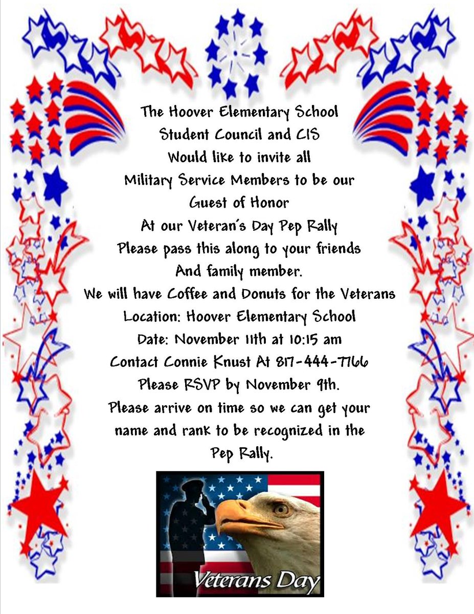 HooverElemAzle's tweet photo. Calling all Veterans to come to Hoover to celebrate with us! https://t.co/N0Jl6yeDv5