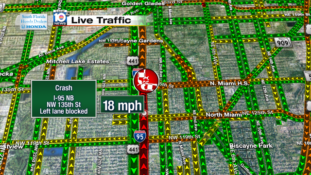 Crash on I-95 NB at NW 135th St. Left lane blocked. Speeds at 18mph #traffic #miami @JeniseFernandez https://t.co/EAWIrV7q0T