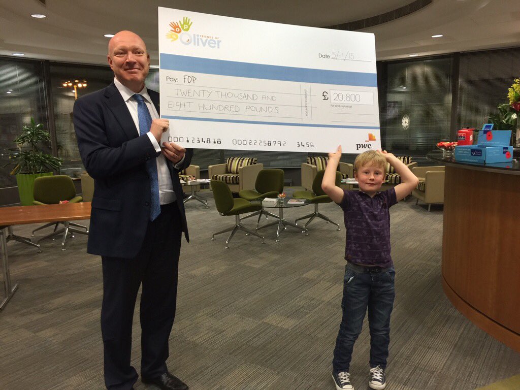 griffiths_iwan's tweet photo. On behalf of everyone at PwC North West it was great to be able to give record big cheque to @FriendsOfOliver today https://t.co/1J0TQegofN