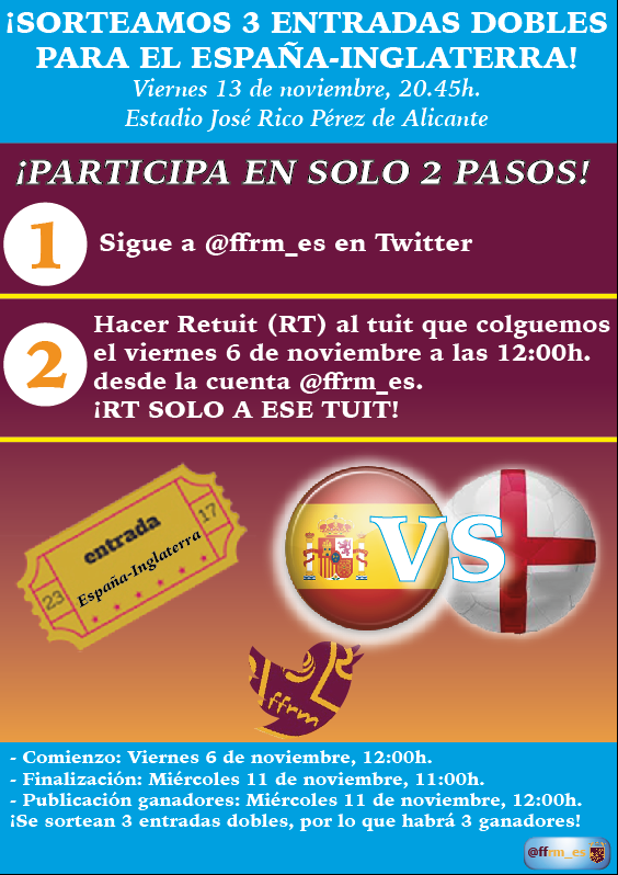 🎲 ¡Sigue a <a href="/ffrm_es/">FFRM</a>, haz RT a este tuit y consigue 3 entradas dobles para el España-Inglaterra! ¡Habrá 3 ganadores!