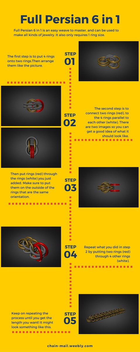 chainmail101's tweet photo. Learn how to weave Full Persian 6 in 1 with this helpful infographic: https://t.co/y8t6th0ETK #diy #maille #jewelry https://t.co/E95Zjl2VtU