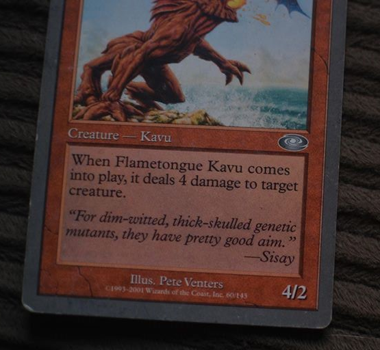Dezrustrian's tweet photo. Hey @mtgaaron, can you tell me where this silver/gray-bordered Flametongue Kavu comes from? https://t.co/xborIv9nC2