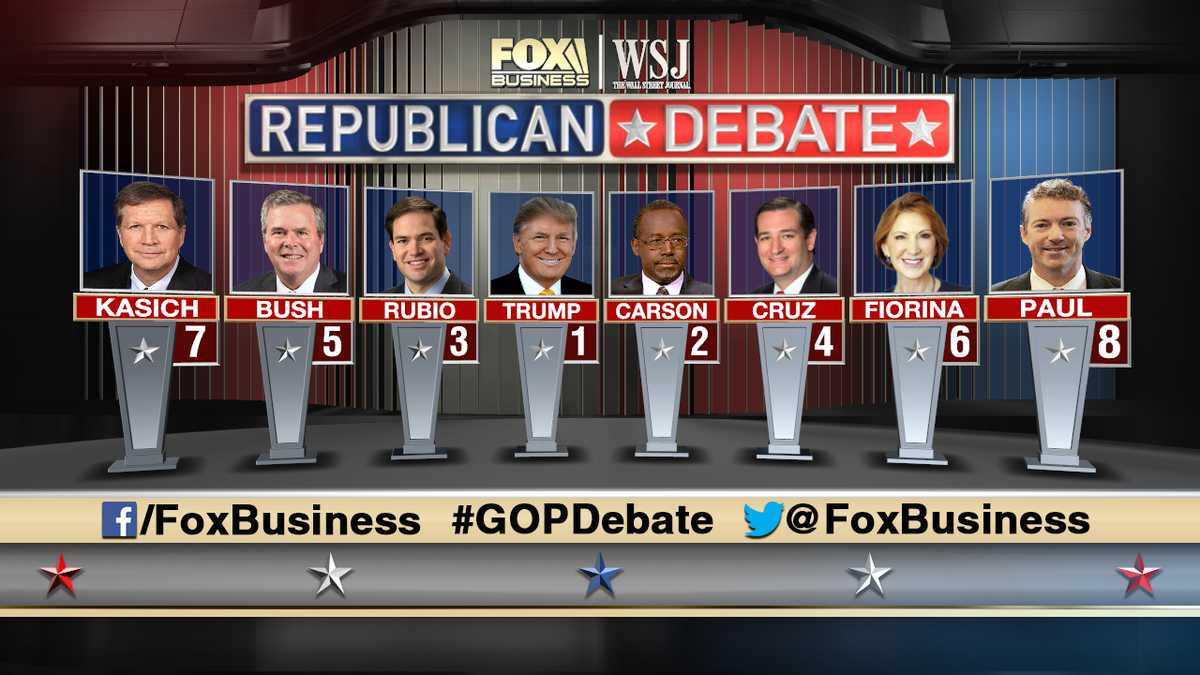 FoxBusiness's tweet photo. The candidate lineup for the Fox Business-WSJ #GOPDebate on Tuesday, November 10th: https://t.co/hJZNi7o4LK