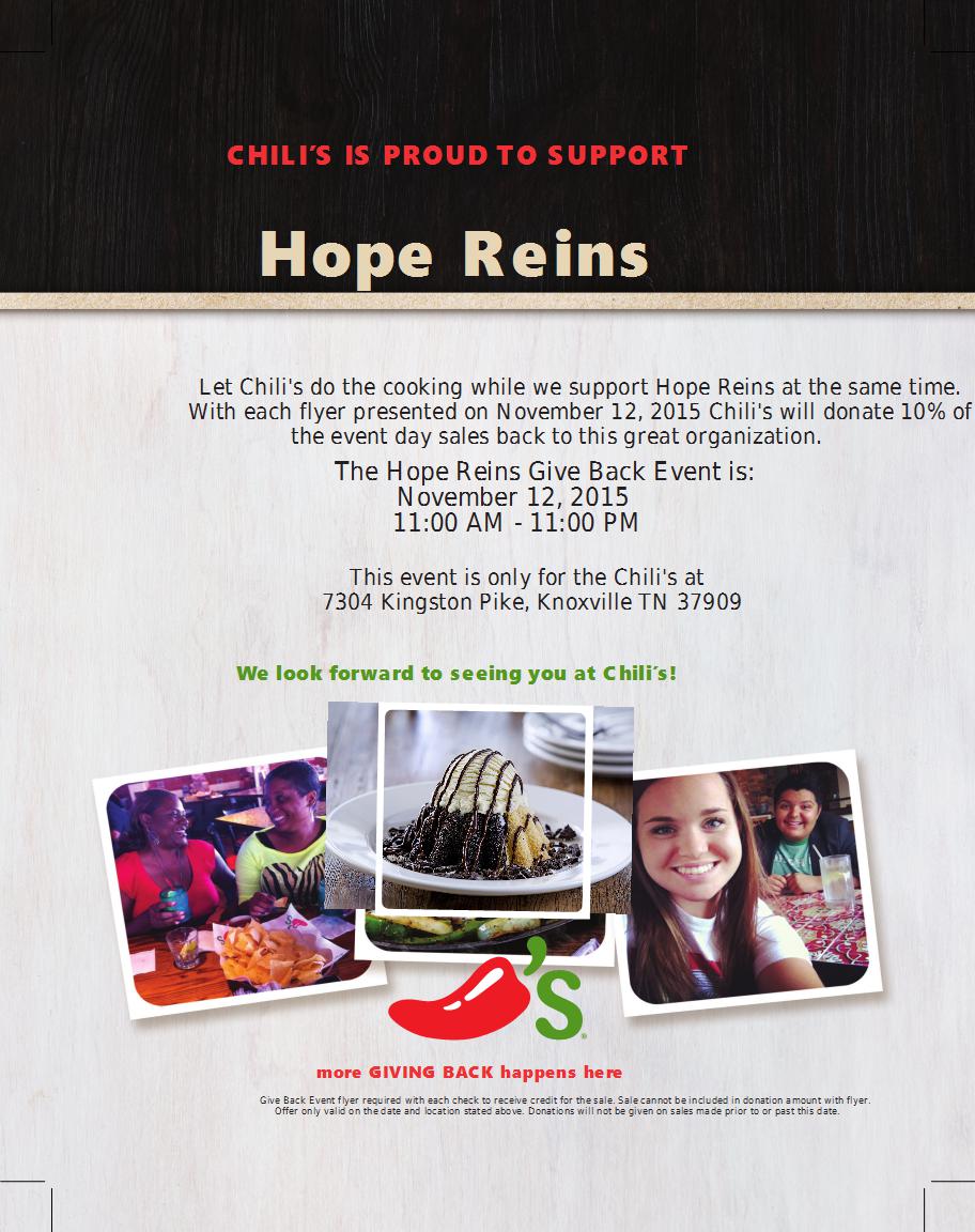 HopeReins1's tweet photo. November 12th is only 1 week away! Download this flyer, share & present it at Chili's #GiveBackEvent for @HopeReins1 https://t.co/myzNIiSVdz