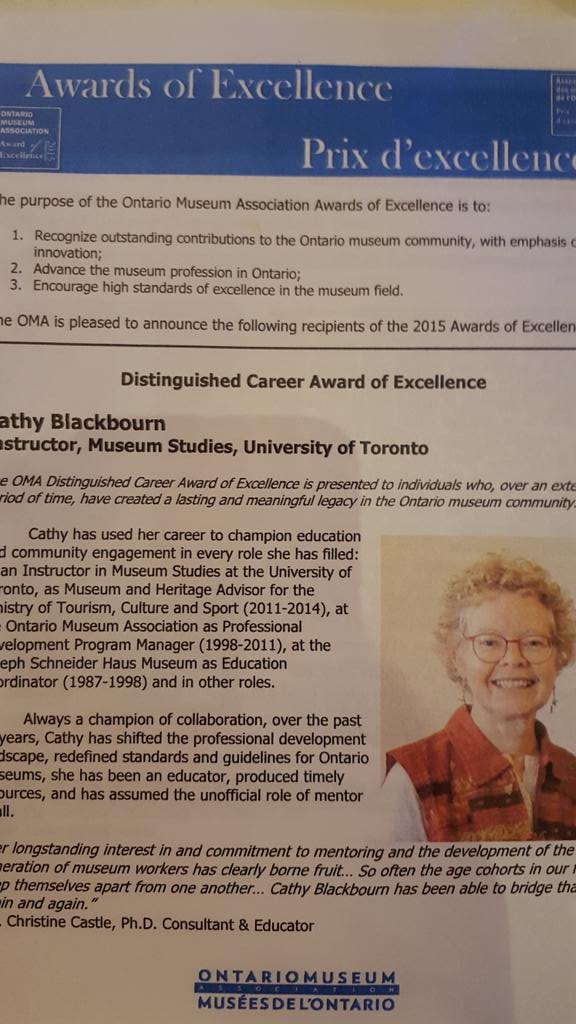 NorfolkCulture's tweet photo. Very happy!! Well-deserved @museumsontario award for my dear friend &amp; mentor at #OMAConf2015  #distinguishedcareer https://t.co/vaHZ8bVfVj