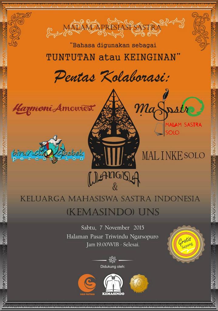 sasindoUNS's tweet photo. Malam Apresiasi Sastra: Pentas Kolaborasi. Sabtu, 7 Nov 2015. Pukul 19.00 di Ngarsopuro @EventSoloRaya @AgendaSolo https://t.co/tigdHqjuOO