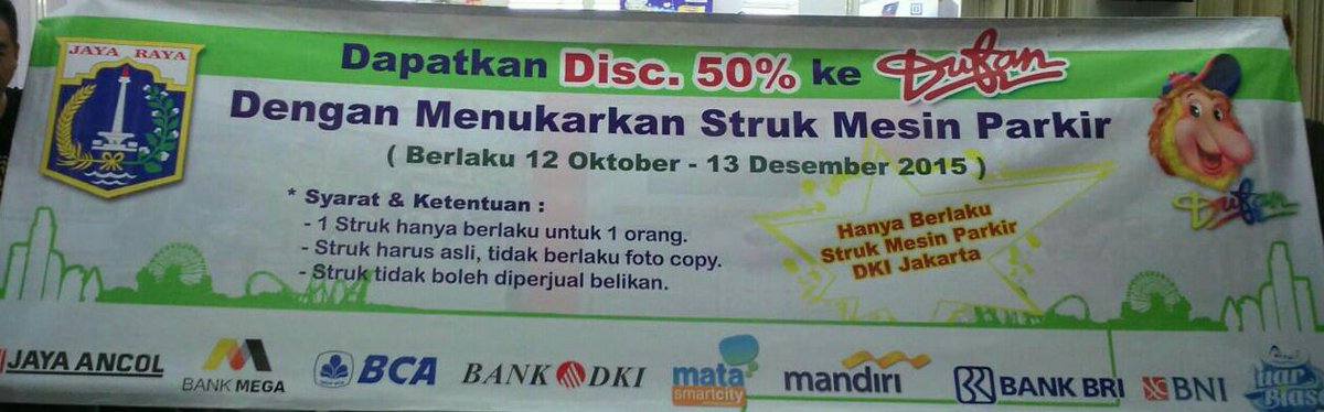 upparkirdki's tweet photo. Disc. 50% ke Dufan dengan tukar Struk Mesin Parkir # @BeritaJakarta @InfoJakarta123 @infojekardah @Beritasatu https://t.co/BKCIG75pmX
