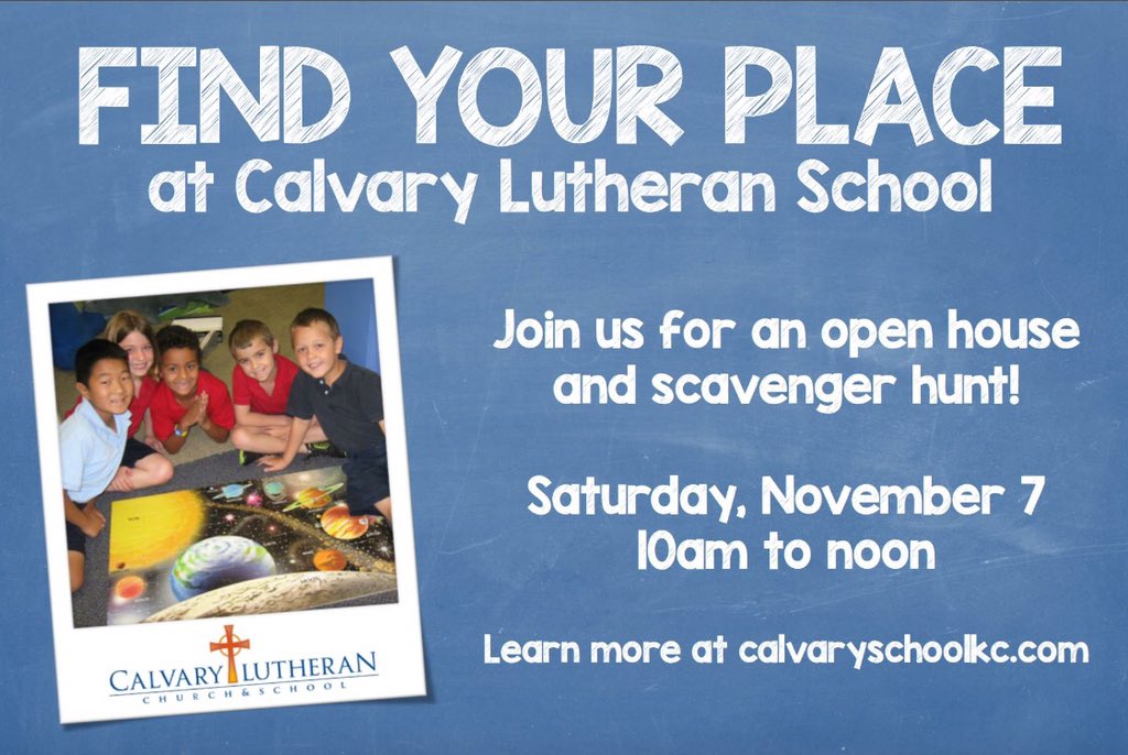 CalvarySchoolKC's tweet photo. Open house this Sat., 11/7, from 10am-noon at our Wornall campus! Come see what Calvary has to offer your family. :) https://t.co/QHmo85fYH8