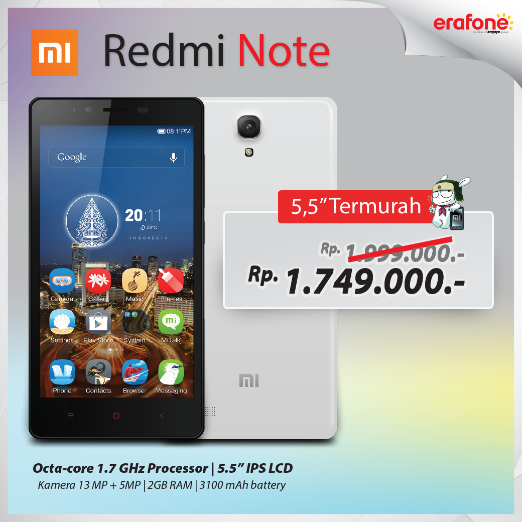 ErafoneStore's tweet photo. Smartphone canggih layar 5,5" dgn harga terjangkau! Dapatkan Xiaomi Redmi Note di store Erafone hanya 1,749 juta. https://t.co/OWUxr1uPsK