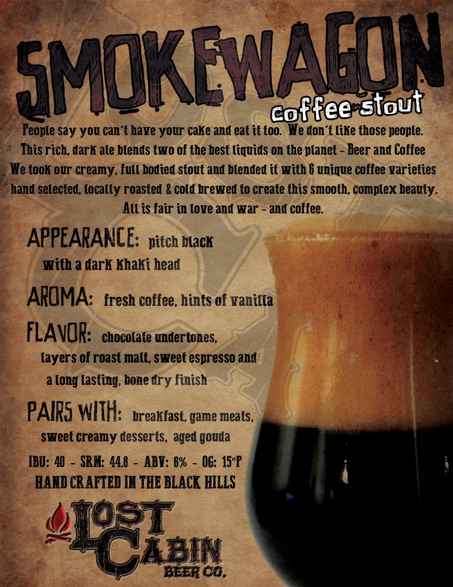 lostcabinbeer's tweet photo. Meet Smokewagon Coffee Stout - a roasty, rich, dark fermented offering to the gods of beer and coffee. https://t.co/dgqmIVlIwY