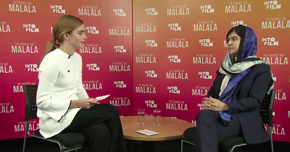 HuffPost's tweet photo. Malala Yousafzai tells Emma Watson: "We should all be feminists" https://t.co/roV73FXo5z https://t.co/71cw5xB1v6