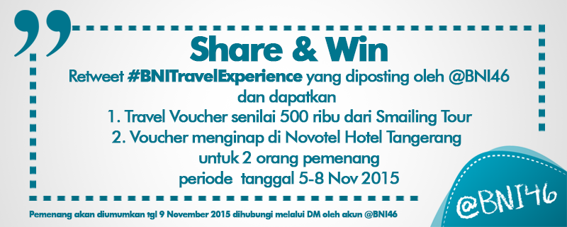 apriyanitha's tweet photo. @BNI46: Mau hadiah Voucher Travel senilai 500 ribu Yuk retweet #BNITravelExperience yang diposting oleh akun @BNI46 https://t.co/BqsgnTnW9m