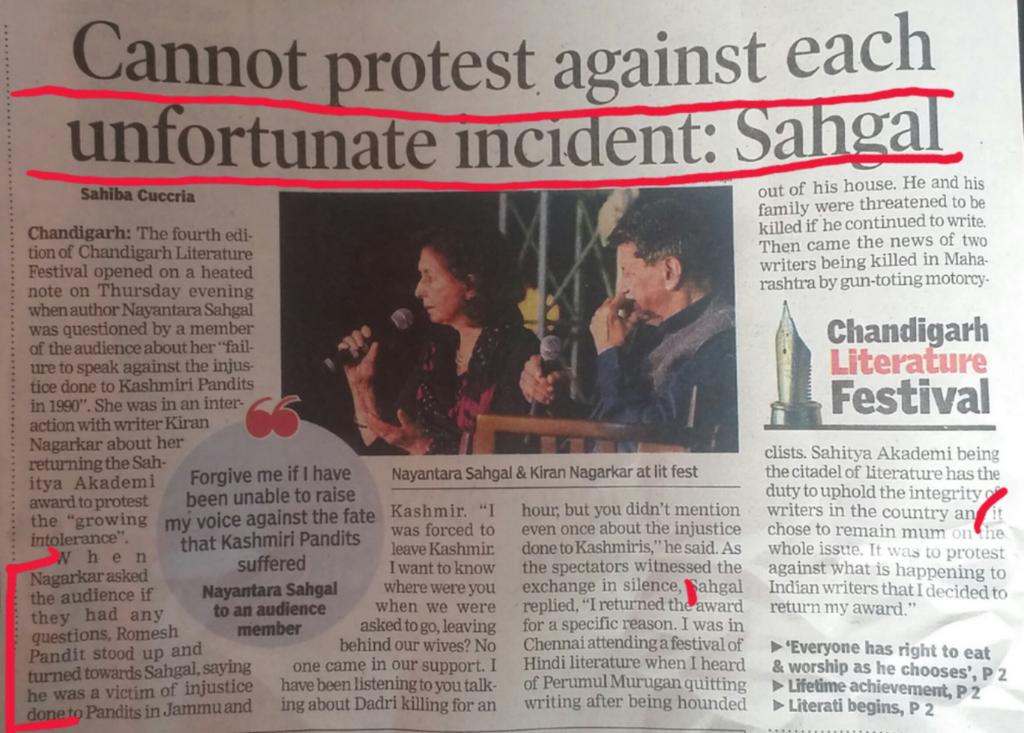 AnilMatt00's tweet photo. Can't protest against each unfortunate incident : Nayantara Sahgal, when we countered her ystrday in chandigarh. https://t.co/7ibVeUnAJQ