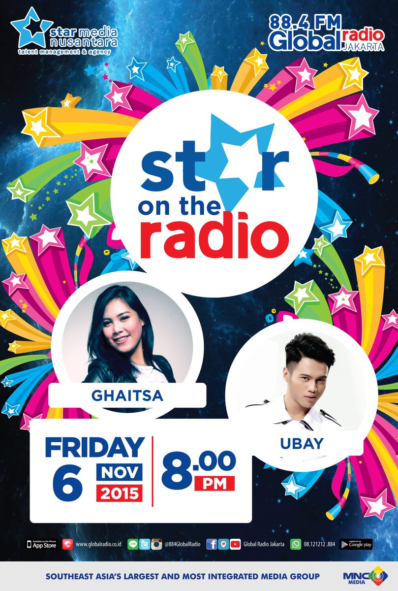 884GlobalRadio's tweet photo. #StarOnRadio hari ini bersama Ghaitsa dan Ubay dari @SMN_Channel , dengerin yaa jam 8 malam!! https://t.co/E6rPYUewn3
