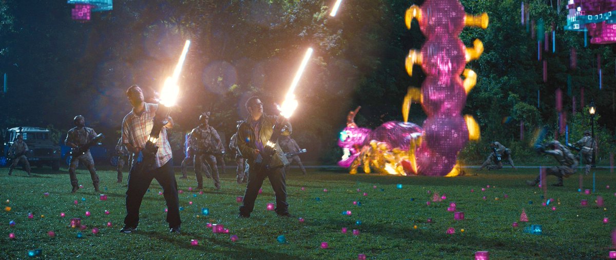 PixelsMovie's tweet image. Who would you rather battle IRL: PAC-MAN, Donkey Kong, Centipede, or Space Invaders? #PixelsMovie