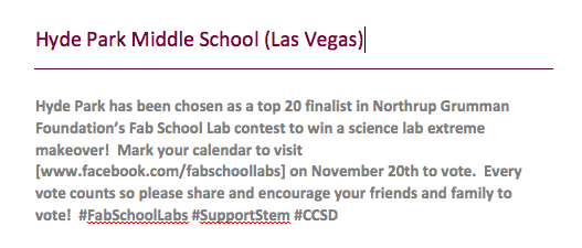 dromonoski's tweet photo. @NevadaAG Please support Hyde Park Middle School's dreams for an extreme science lab makeover.  #STEM #CCSD https://t.co/f6sRTmywzl