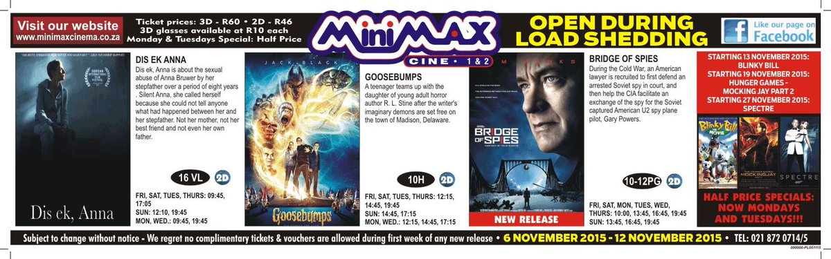 minimaxcinema's tweet photo. 06–12 Nov at Minimax: #BridgeOfSpies #GoosebumpsMovie #DisEkAnna #MinimaxMagic Show times: https://t.co/sCJ5D3tDls https://t.co/4FfOio09Ak