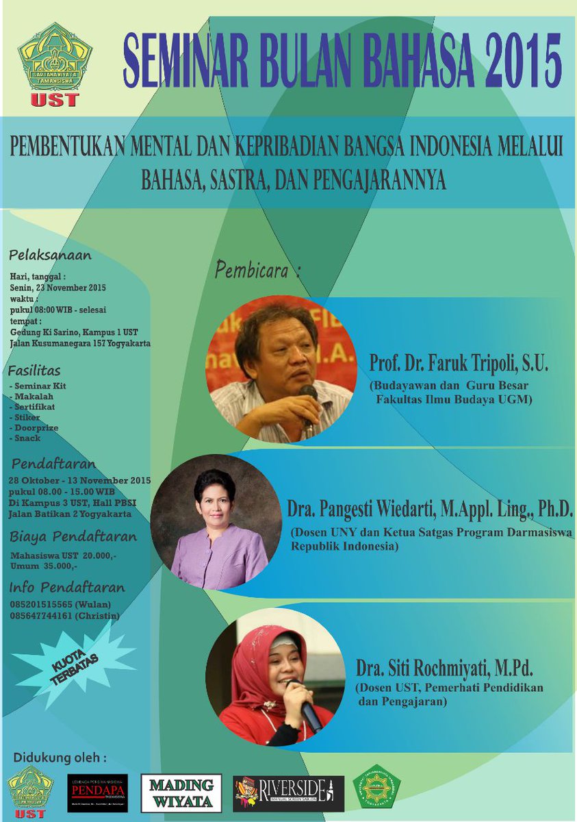 SEMINAR BULAN BAHASA 
PBSI UST
23.11.2015 pukul 08.00 UST :20k non:35k info: 085647744161
<a href="/JogjaUpdate/">jogjaupdate.com</a>