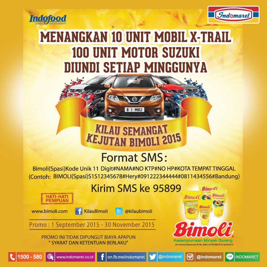 Indomaret's tweet photo. Beli BIMOLI di Indomaret dan menangkan 10 unit mobil X-trail atau 100 unit motor Suzuki. https://t.co/OHDf52bW0T