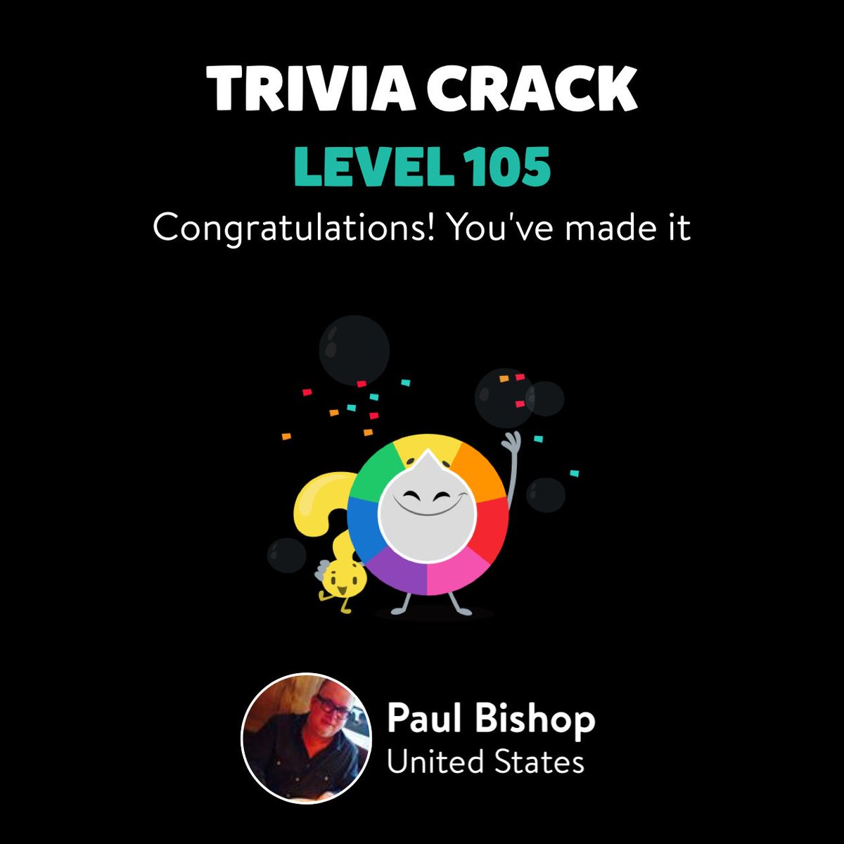 PCBISHOP's tweet image. Paul Bishop just leveled up to Lv. 105 on Trivia Crack! triviacrack.com/en/landing
