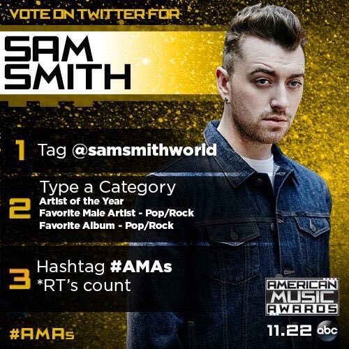 samsmithNL's tweet photo. RT to VOTE for @samsmithworld Favourite Album - Pop/Rock at the 2015 #AMAs! https://t.co/5K9xwUtxaq