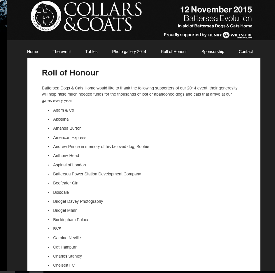 BVSvets's tweet photo. Roll of Honour for Battersea Collars &amp; Coats 2015, very pleased to be amongst the sponsors https://t.co/8qkR8t6mJ0