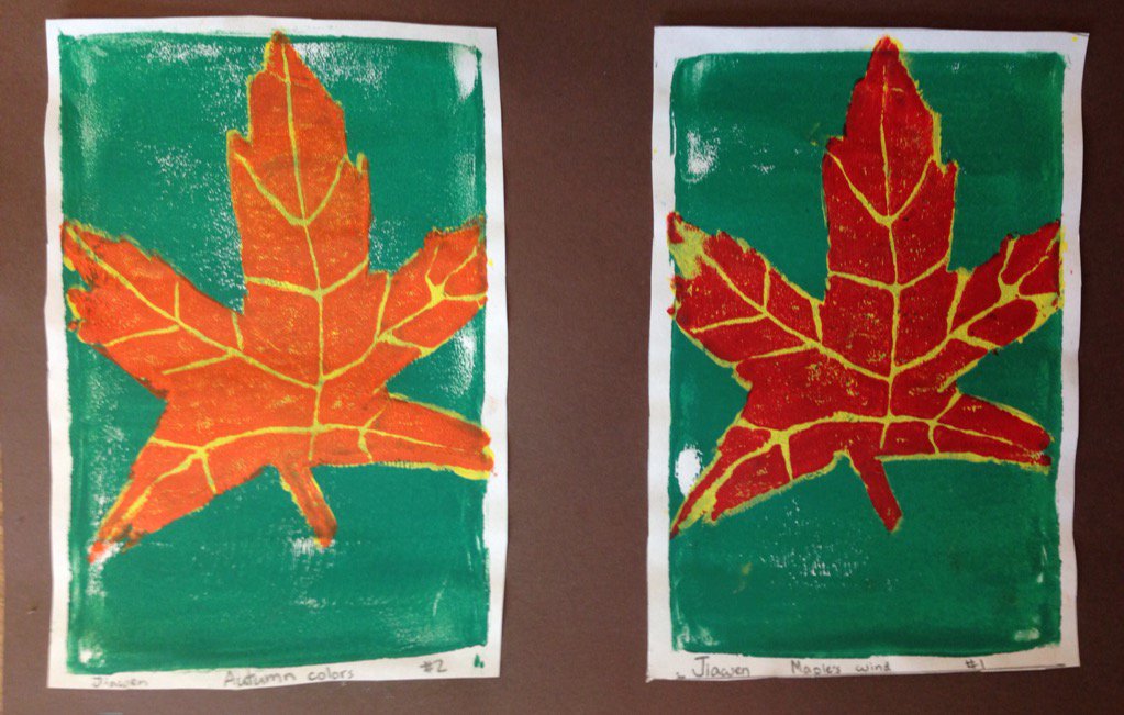4th graders made colorful reduction block prints of leaves!